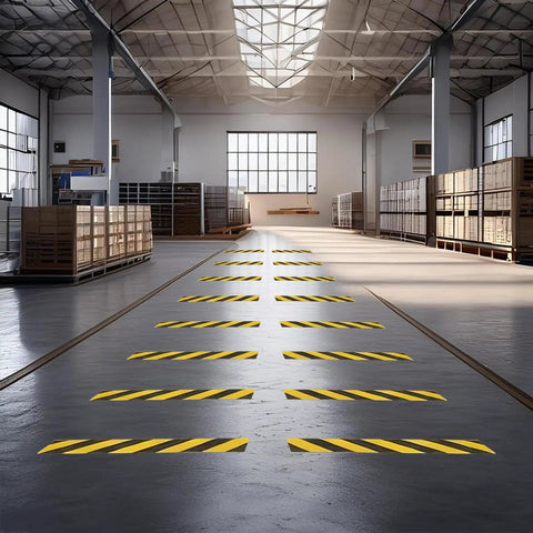 Anti Slip Grip Tape 2 Inch By 60 Foot High Traction Non Skid Tape For Stairs Floors Ladders Decks Ramps Indoor Outdoor Use Yellow And Black Caution Zones Safe Steps DIY Friendly Moisture Resistant UV Resistant applied in warehouse aisle