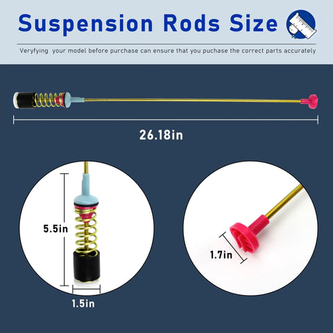 Heavy Duty Top Load Washer Suspension Rods Four Pack Smooth Operator Shock Stabilizers dimensions showing sizes 26.18in, 5.5in, and 1.7in.