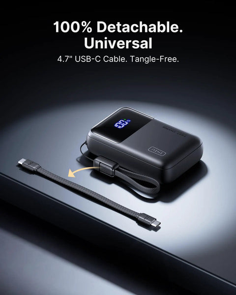 Ultra Compact Wallet Sized Laptop Power Bank Featuring Hella Fast 65W Triple Port Charging And Massive 20000mAh Built In Battery For Flawless Setup Wherever You Head with detachable USB-C cable.