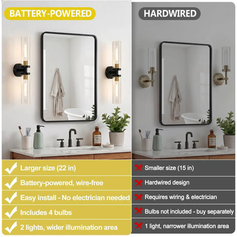 Battery Operated Wall Sconces Set of Two, Black and Gold Wall Light fixtures with Wireless Remote Control, side-by-side comparison.