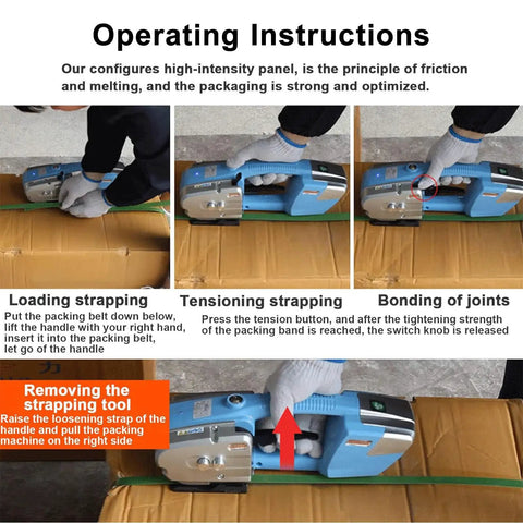 Battery Powered Strapping Machine For PP And PET Straps operation instructions, showing loading, tensioning, bonding of joints.
