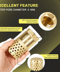 Hand holding Well Pump Foot Valve 1-1/4 Inch Female NPT Check Valve With Brass Body, Strainer, 0.18 Inch Filter Holes, with text annotations