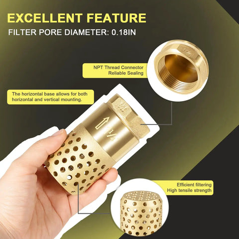 Hand holding Well Pump Foot Valve 1-1/4 Inch Female NPT Check Valve With Brass Body, Strainer, 0.18 Inch Filter Holes, with text annotations