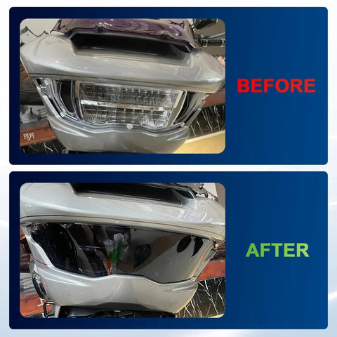Before and after installation of Headlamp Guard For Harley Road Glide CVO ST And FLTRXSE 2023 2025 Ride Ready Lightweight PC Headlight Cover