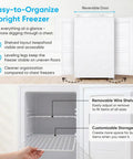 White 3.0 Cu Ft Upright Freezer With 7 Adjustable Temp Settings Compact Mini Freezer showing interior shelves and reversible door.