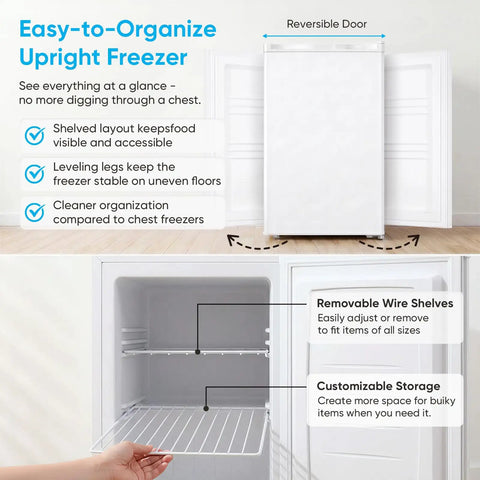 White 3.0 Cu Ft Upright Freezer With 7 Adjustable Temp Settings Compact Mini Freezer showing interior shelves and reversible door.