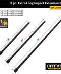 3 Piece Half Inch Drive Extra Long Impact Extension Set with 18 Inch, 24 Inch, 36 Inch Extensions, shown in black finish.