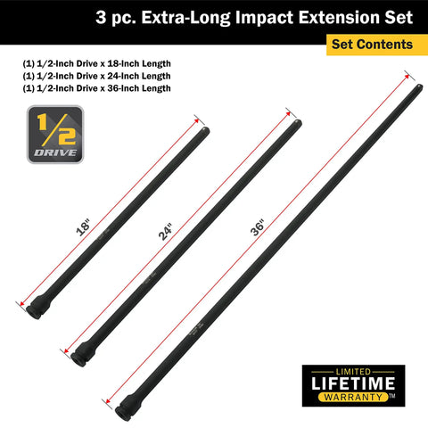 3 Piece Half Inch Drive Extra Long Impact Extension Set with 18 Inch, 24 Inch, 36 Inch Extensions, shown in black finish.