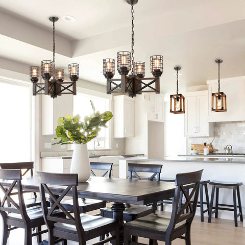 Wood Farmhouse Cage Chandelier Four Light Pendant For Kitchen Island Industrial Chic Dining Table Brown And Black Rustic Fixture