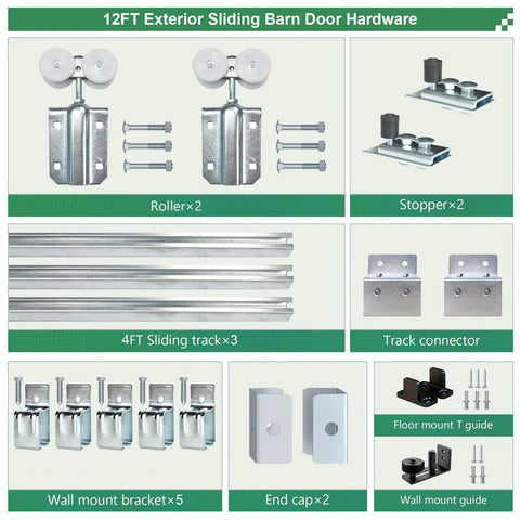 Exterior Sliding Barn Door Hardware Kit With 12 Ft Galvanized Steel Box Track Heavy Duty Wall Mount System For Outdoor Use Fits Doors Up To 72 Inches Wide And Supports Up To 300 Lb components layout