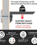 Diagram of Heavy Duty Drywall Anchor Set With Bolts For 3/16-24 Thread, showing 240 lbs support in 1/2 inch drywall.