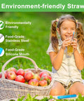 Child using Go To Collapsible Metal Straw with apples and case in park.