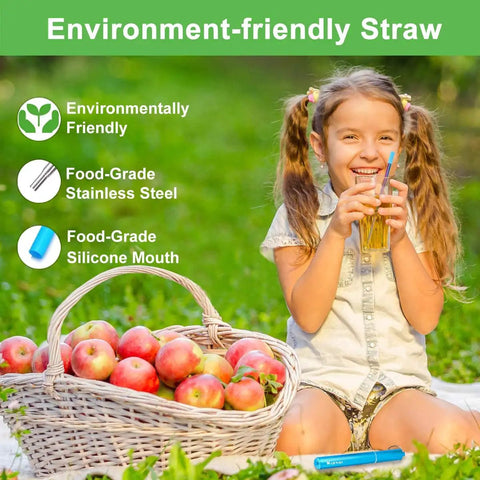 Child using Go To Collapsible Metal Straw with apples and case in park.