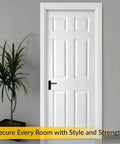 White door with black aluminum lever latch set with night lock for door thickness five eighths to one and three eighths inches.