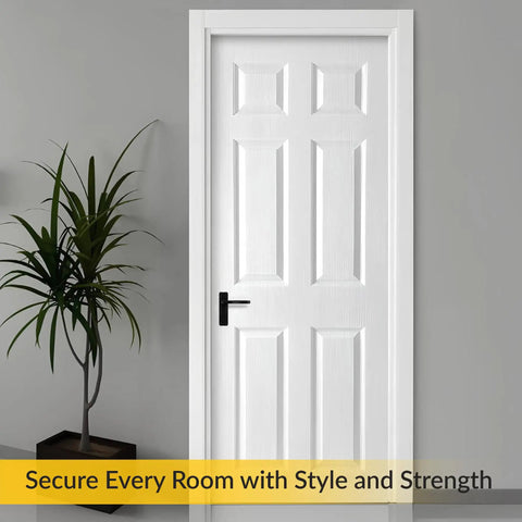 White door with black aluminum lever latch set with night lock for door thickness five eighths to one and three eighths inches.