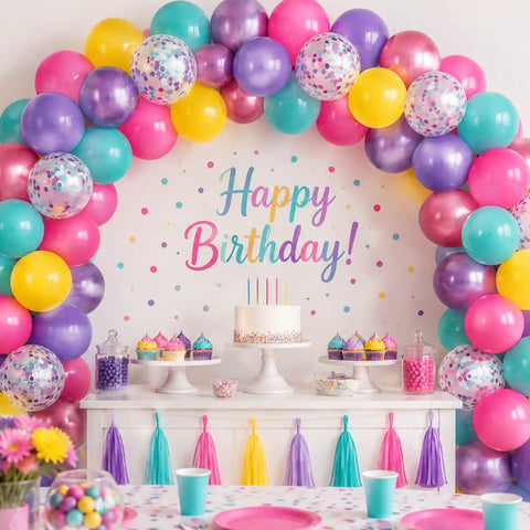 Hot Pink Purple Blue Confetti Balloons 12 Inch Set Of 56 Latex Party Balloons For Girls Birthday Decor with cake and cupcakes