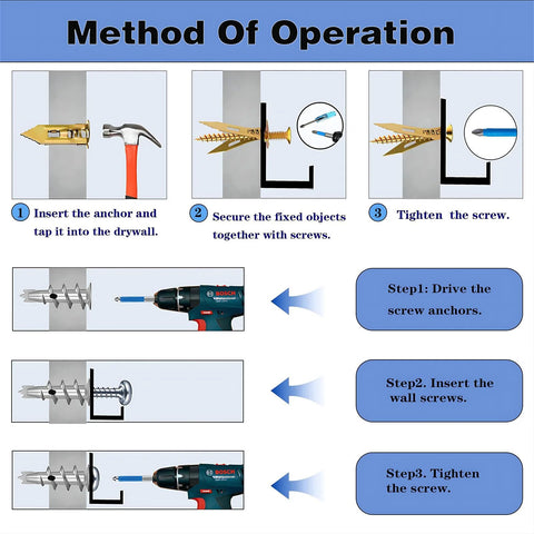 Instruction diagram showing 380 Pieces Self Drilling Drywall Anchors And Screws Set In Zinc Plated Steel Includes Five Sizes For Versatile Wall Fastening Easy Install No Drill Or Holes Required Gold And Silver Screws For Strong Reliable Mounts installation process.