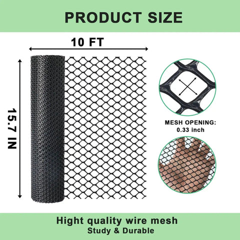 Black Plastic Wire Mesh Roll 15.7In By 10Ft Chicken Wire Fence For Poultry, size label, mesh opening close-up, lightweight roll