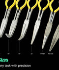 Six varied sizes of pliers with yellow handles from the Four Piece Hose Clamp Pliers Set With Case For Auto Repair