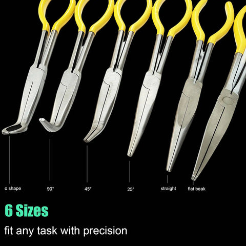Six varied sizes of pliers with yellow handles from the Four Piece Hose Clamp Pliers Set With Case For Auto Repair