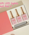 Rose Coast Gel Nail Polish Set With LED Light And Strips showing open box with three pink bottles and nail file