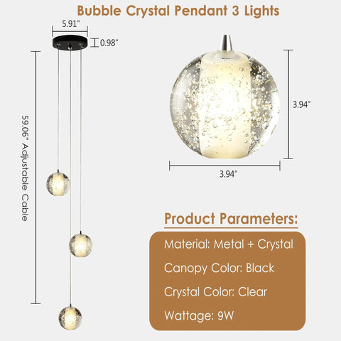 Dimensions of Raindrop Crystal Cluster Pendant Light With Bubble Orb Design 3 Light Hanging Fixture For Kitchen Island And Dining Room Modern Black Orb Chandeliers 9W.