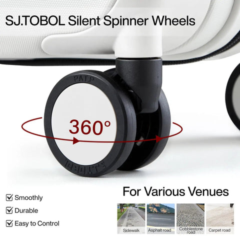 Close-up of SJ.TOBOL silent 360° spinner wheels on lightweight 20 inch carry on luggage with wheels airline approved.