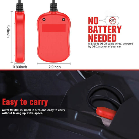 MS300 OBD2 Scanner Code Reader For Cars And Trucks, compact size, red color, in car storage, no battery needed feature