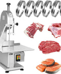 Top Tier Heavy Duty Electric Meat Band Saw Machine Tears Through Hard Bones And Frozen Meat With No Sweat Cutting Action Featuring 1800W Copper Motor Stainless Steel Body Quick Clean Design Comes With Six Backup Blades, displaying the machine with blades and assorted meats.