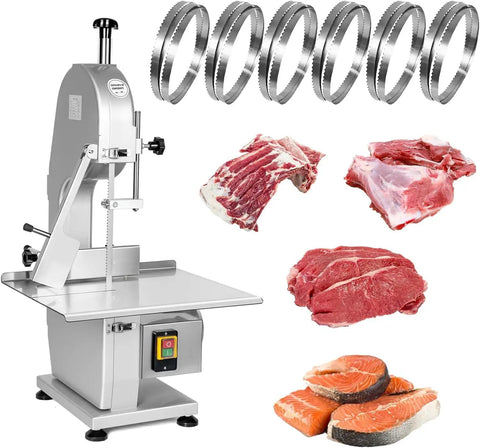 Top Tier Heavy Duty Electric Meat Band Saw Machine Tears Through Hard Bones And Frozen Meat With No Sweat Cutting Action Featuring 1800W Copper Motor Stainless Steel Body Quick Clean Design Comes With Six Backup Blades, displaying the machine with blades and assorted meats.