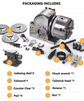 Heavy Duty Universal Indexing Head Rotary Table For Milling Machines Featuring Swappable Dividing Plates And Tailstock Fits 4 5 6 Inch Chucks, includes tools and accessories.