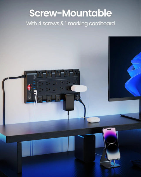 Beefed-Up 28-In-One Power Strip With 22 Outlets And 6 USB Ports, 1875W Surge Protector mounted on wall in home office