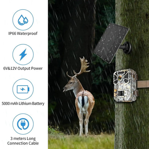 Trail Camera Solar Power Kit With Built In 5000mAh Battery IP66 Waterproof Portable Charger mounted on tree near deer