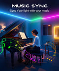 Woman playing piano under 100ft USB Powered RGB LED Strip Lights For Bedroom TV Backlight And Gaming Setup Color Changing Mood Lighting With Music Sync Bluetooth IR Remote And App Control