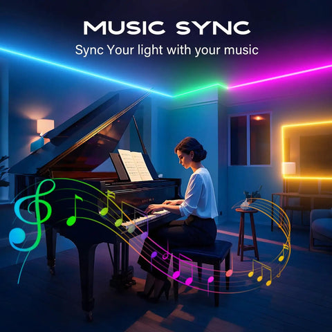Woman playing piano under 100ft USB Powered RGB LED Strip Lights For Bedroom TV Backlight And Gaming Setup Color Changing Mood Lighting With Music Sync Bluetooth IR Remote And App Control
