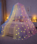 Pink Princess Bed Canopy With Glowing Stars For Girls, fits crib, twin, full, queen beds, dreamy rainbow netting ceiling tent