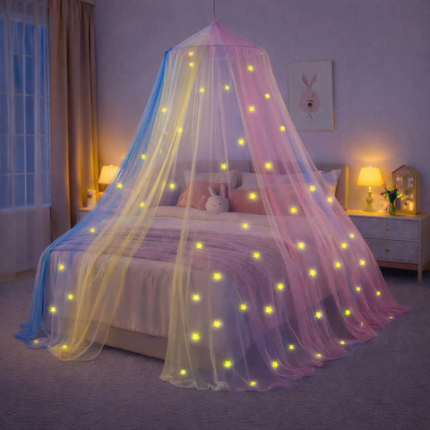 Pink Princess Bed Canopy With Glowing Stars For Girls, fits crib, twin, full, queen beds, dreamy rainbow netting ceiling tent
