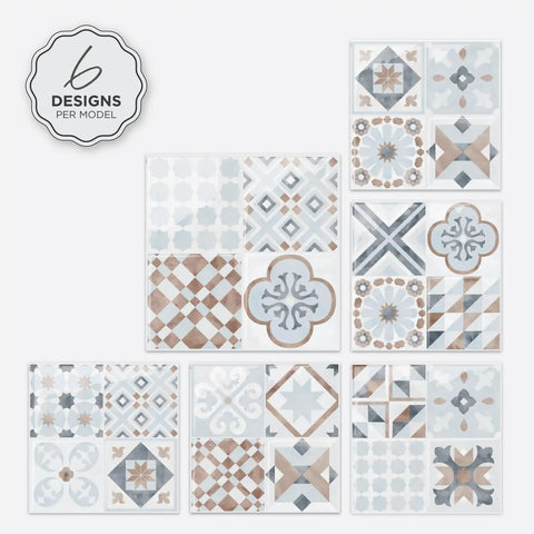 Peel And Stick Backsplash Tiles Kit 5 Sheets Of 9x9 Inches 3D Adhesive Wall Tiles showing six unique designs for kitchen and bathroom.