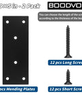 Badass Heavy Duty Steel Mending Plates For Wood Furniture Reinforcement With Rust Proof Black Oxide Finish And Assorted Screw Hardware Sets 48X128MM 2 Pack, showing two mending plates and assorted screws.