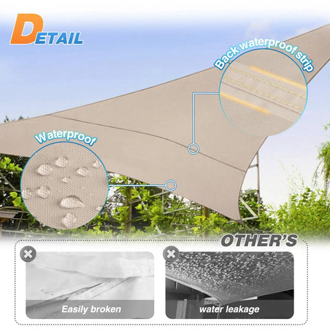 Waterproof Sun Shade Sail Triangle 12x12x17 Outdoor Canopy with UV Block Curved Edge installed on a patio, highlighting waterproof features.