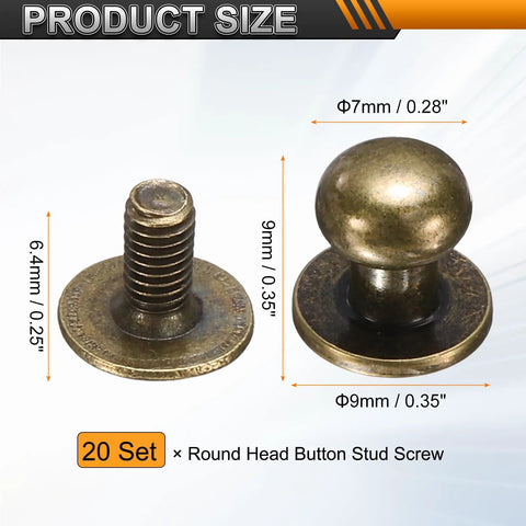 Badass Twenty Piece Round Head Button Stud Screws Seven Mm Brass Chicago Style Screws, showing size details and two screws.