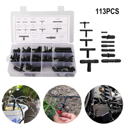 113 Piece Hose Connector Kit With Reducers, Straight Fittings And T Connectors - Plastic Plumbing Set For Cooling And Fuel System Repairs, Black
