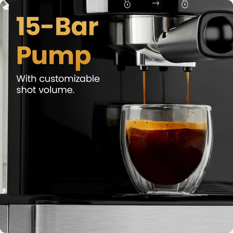CraftBrew Digital Espresso Maker with 15 Bar Pump brewing espresso in clear cup
