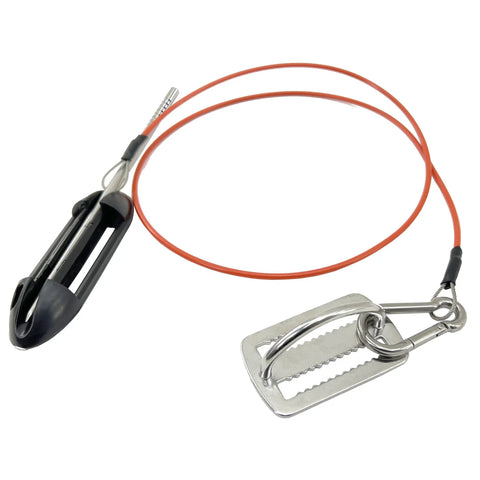 Spearfishing Stringer For Fish With 33 Inch Coated Stainless Cable And Heavy Duty Carabiner Belt Attachment on white background