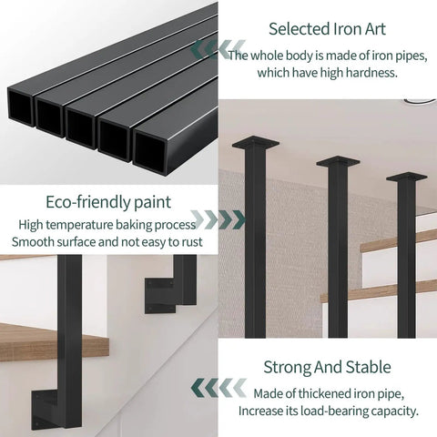 Interior Wrought Iron Stair Handrails With Rust Resistant Nano Coating And Secure Safety Grab Bars For Modern Duplex Homes Solid Square Pipe Balusters displayed in black with a smooth finish and eco-friendly paint.
