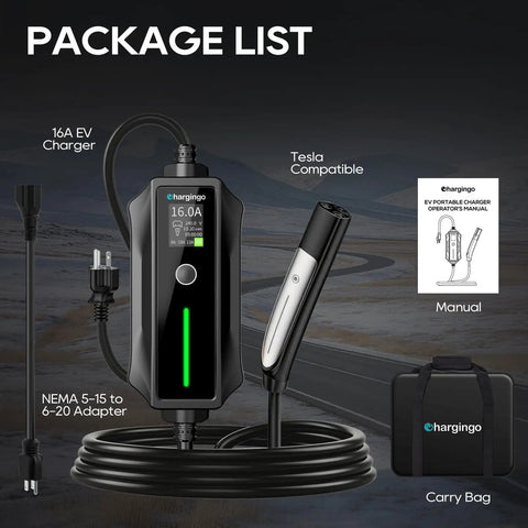Package contents of Portable Level One and Level Two EV Charger for Teslas and Other EVs with 240 Volt 16 Amp NEMA Six Twenty Home Charging Option, including charger, adapter, manual, and carry bag on a dark background.