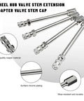 4 Pack Valve Stem Extenders For Cars Trucks ATVs And Motorcycles 100mm Heavy Duty Metal Wheel Extension Rods shown in chrome