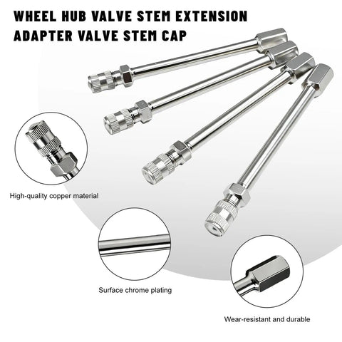4 Pack Valve Stem Extenders For Cars Trucks ATVs And Motorcycles 100mm Heavy Duty Metal Wheel Extension Rods shown in chrome