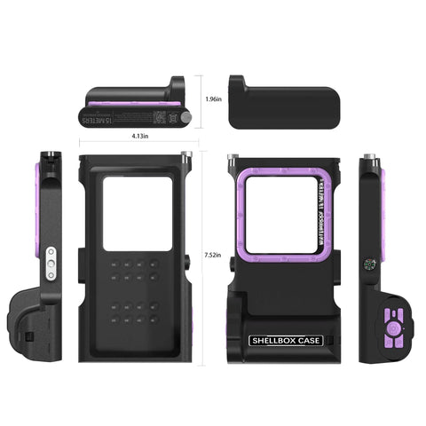 Third Gen Waterproof Diving Phone Case With Bluetooth 50 Feet Depth, disassembled view in black and purple with dimensions