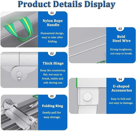 Product details display of Adjustable Steel Scaffolding Ladder Workbench with nylon handle, thick hinge, bold steel wire, U-shaped accessories, folding ring.